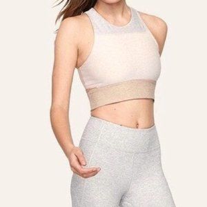 Outdoor Voices Tri Tone Slashback Crop Top Sports Bra in Desert Dove Oatmeal